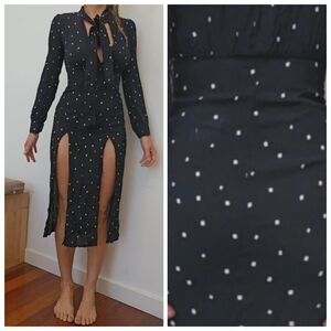Flynn Skye abstract black w white Polka Dot French Bow Tie editorial Slit Dress